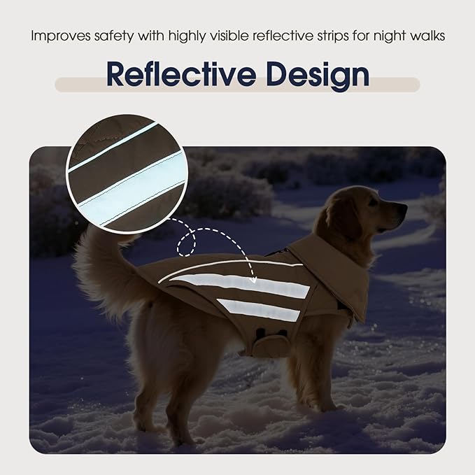 IECOii 5XL Warm Dog Jacket - Waterproof & Windproof, Reflective & Adjustable Coats for Dogs, Cozy Jackets with Fleece Lined for Indoor Outdoor, Khaki, Sizes XXXXXL