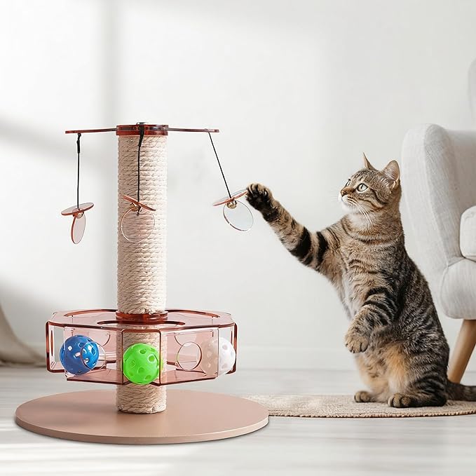 Modern 3-in-1 Interactive Cat Toy with Scratching Post, Rotating Cat Puzzle Toys for Indoor Cats with Colorful Jingle Balls, Spinning Teaser Disc with Dangling Toys, Acrylic, Pink