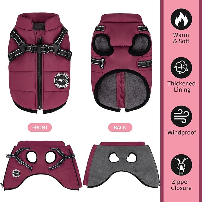 Warm Winter Coat for Dogs, Fashionable Sports Jacket with Built-in Harness, Reflective & Adjustable Pet Vest, Waterproof Windproof Apparel for Small Dogs (Purple)