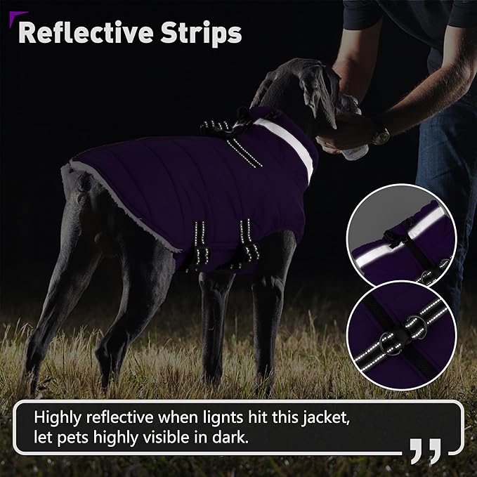 Dogcheer Dog Coat with Harness, Waterproof Dog Jacket Adjustable Pet Winter Coat with Zipper, Christmas Puppy Snow Jacket Fleece Sweater for Small Medium Large Dogs - Purple 2XL