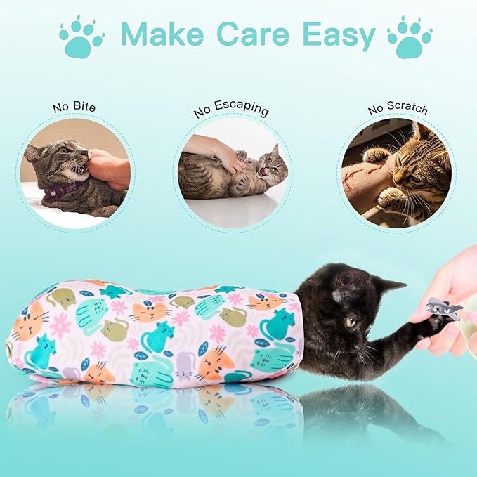 Cat Wrap for Grooming Self-Adherent Cat Wrap for Cutting Nails Cat Grooming Wrap Cat Burrito Wrap Anti-Bite, Anti-Escape Cat Swaddle Wrap 2PCS (Green Kitten-M & Floral-XL, M & XL)