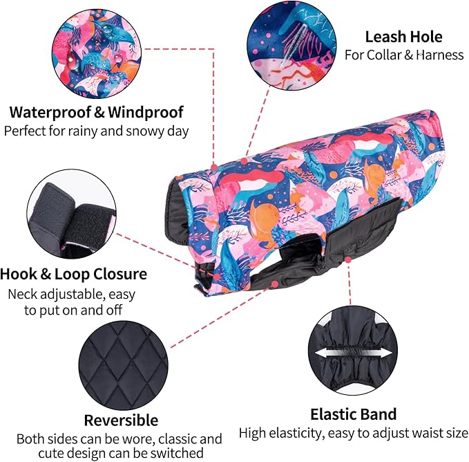 CuteBone Winter Dog Coat - Waterproof Windproof Reversible Jacket with Leash Hole - Soft Thick Coats for Small to Large Dogs