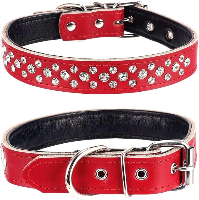 Rhinestones Dog Collar, Adjustable Sparkly Crystal Studded Genuine Leather Pet Dog Collar for Small and Medium Dogs (S, Red)