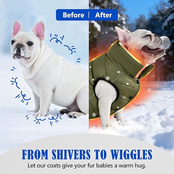Dog Winter Jacket Waterproof, Reflective Fleece Lined Dog Coats for Small Medium Large Dogs, Warm Snow Coat for Dogs, Insulated Cold Weather Dogs Puffer Jackets with Leash Hole, Olive, L
