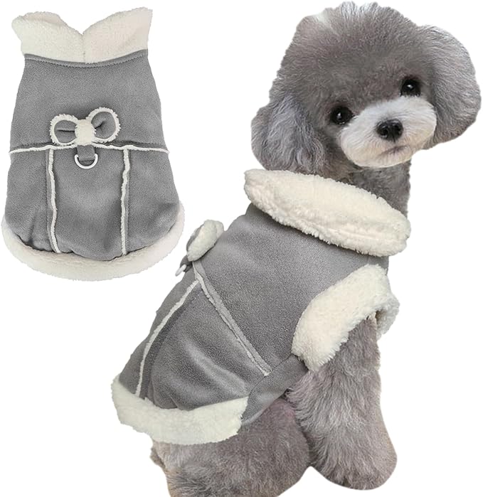 Jecikelon Bowtie Dog Cold Weather Coat Fleece Lining Warm Pet Puppy Turtleneck Dogs Winter Clothes for Small Dogs with D-Ring (Gray, X-Small)