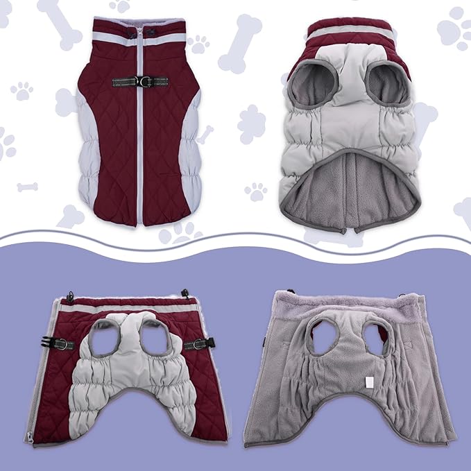 Lelepet Dog Coat Warm Dog Winter Coat Waterproof Dogs Jacket with Harness Built in Reflective Pet Fleece Vest Zip-Up Cold Weather Coats for Large Dogs Turtleneck & Windproof Coats Boxer Wine Red XL