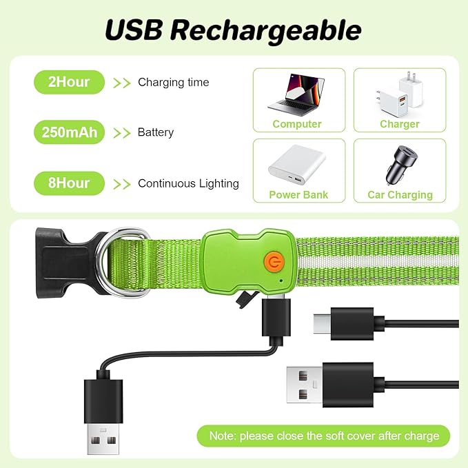 PcEoTllar Light Up Dog Collars, Led Dog Collar, Rechargeable, Night Walking, Waterproof, Glow in The Dark Dog Collars Light for Large Small Medium Dogs, Green s