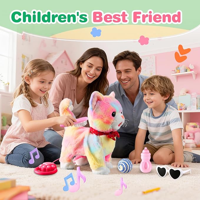 Colorful Leash Walking Cat Set Toy Interactive Talking Cat Singing Dancing Kitten Mimicking Repeat What You Say Kitty Touch and Voice Control Nodding Wagging Tail Plush Electric Robot for Kid Girl