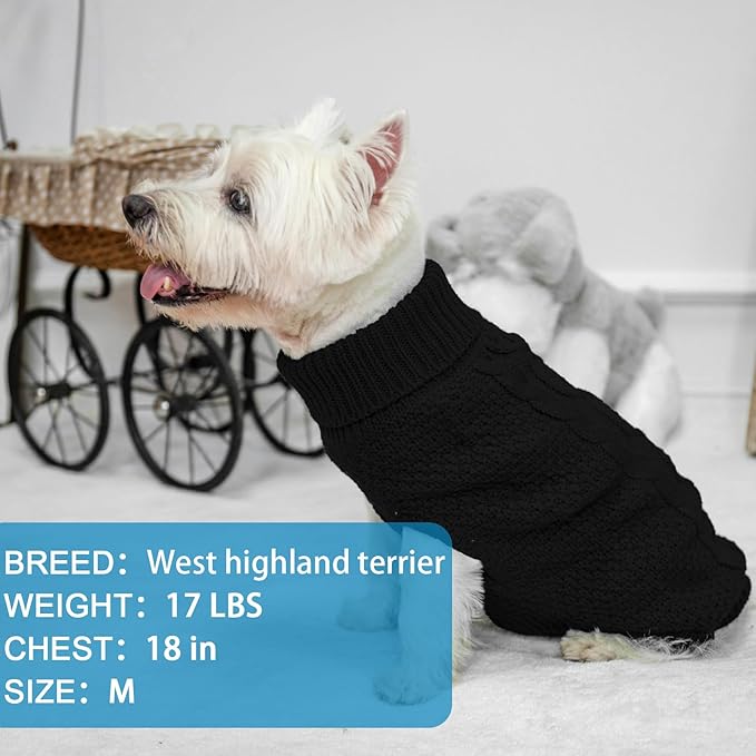 Mihachi Turtleneck Dog Sweater - Winter Coat Apparel Classic Cable Knit Clothes with Leash Hole for Cold Weather, Ideal Gift for Pet in New Year Black Small/Medium