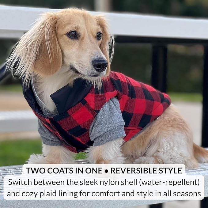 DJANGO Reversible Puffer Dog Coat – Warm Winter Dog Jacket & Water-Repellent Insulated Dog Coat with Harness Hole, Windproof, Adjustable Fit Vest for Small & Medium Dogs, Dachshunds – Black, X-Small