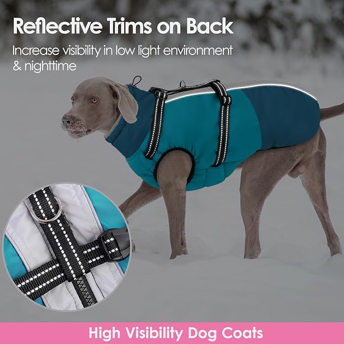 AOFITEE Dog Coat, Windproof Turtleneck Dog Jacket with Built in Harness, Reflective Dogs Jackets with Fleece Lining, Waterproof Pet Winter Coat for Cold Weather for Border Collie, Beagle, Turquoise XL