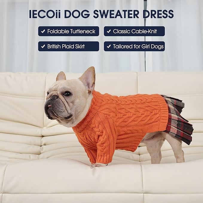 IECOii Girl XXL Dog Sweater Dress, Cozy Cable Knit Dog Sweater for Large Dogs Girl, Orange, XXLarge, 2XL Pet Pullover Knitted Dress for Winter, Turleneck with Sleeve, Warm Sweaters for Female Pitbull
