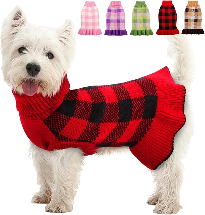 Dog Sweater Dress Plaid Knitwear for Small Medium Dogs Warm Puppy Pet Turtleneck Stretch Pullover Cute Fall Winter Vest Clothes with Leash Hole for Christmas (Red, S)