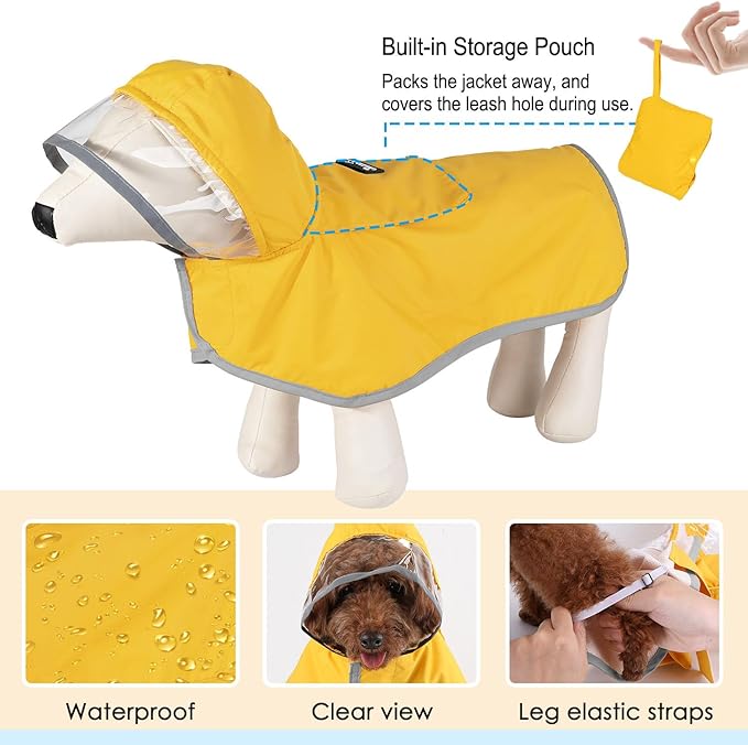 Lukovee Dog Raincoat, Adjustable Dog Rain Jacket with Clear Hooded Double Layer for Large Medium Small Dogs Puppies, Waterproof Rain Coat Poncho with Reflective Storage Pocket & Rim (XS, Y)