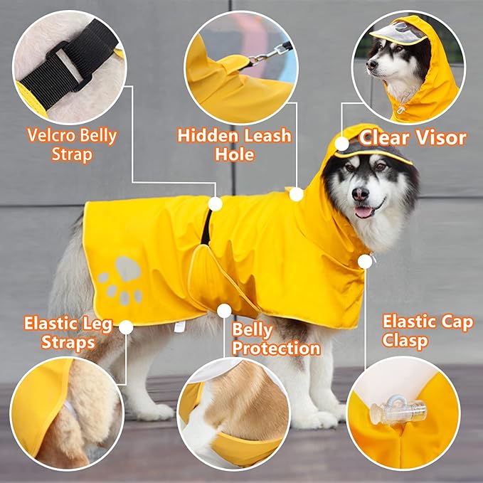 Dog Raincoat Hooded Slicker Poncho - Reflective Lightweight Pet Rain Jacket Coat,Dog Waterproof Raincoat with Adjustable Belly Strap for Small,Medium, Large Dogs