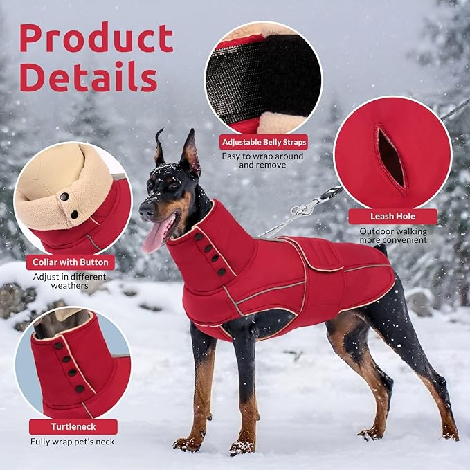 ASENKU Warm Dog Coat, Waterproof Dog Jackets for Large Dogs with Reflective Fleece Vest Turtleneck with Button,Windproof Cold Weather Coats for Small Medium Large Dogs, Dark Red, XL