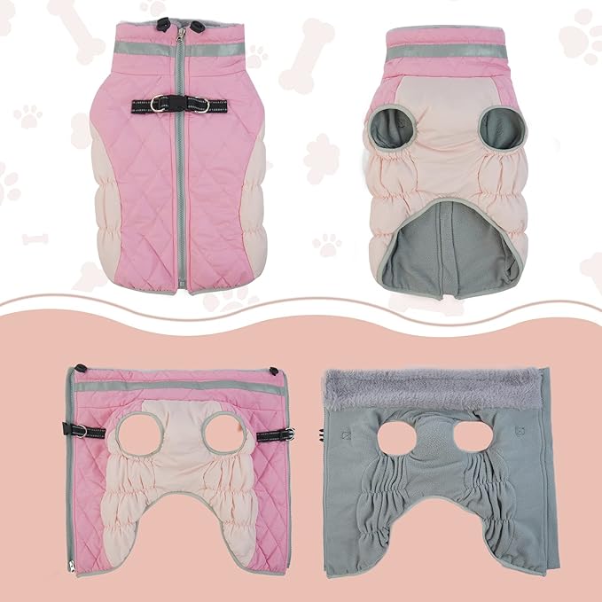 Lelepet Dog Coat Warm Dog Winter Coat Waterproof Dogs Jacket with Harness Built in Reflective Pet Fleece Vest Zip-Up Cold Weather Coats for Large Dogs Turtleneck & Windproof Coats Boxer Pink XL