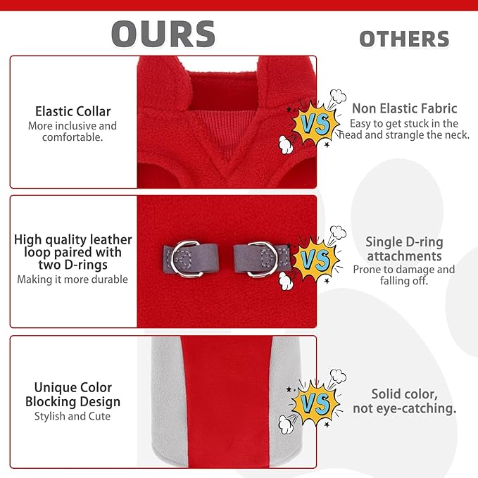 KOOLTAIL Small Dog Sweater - Dog Fleece Vest Jacket with Leash D-Ring for Small Medium Dogs, Soft Pullover Winter Warm Cold Weather Coats, Pet Fall Clothes Outfit for Puppy Cat Boys&Girls, Red XS