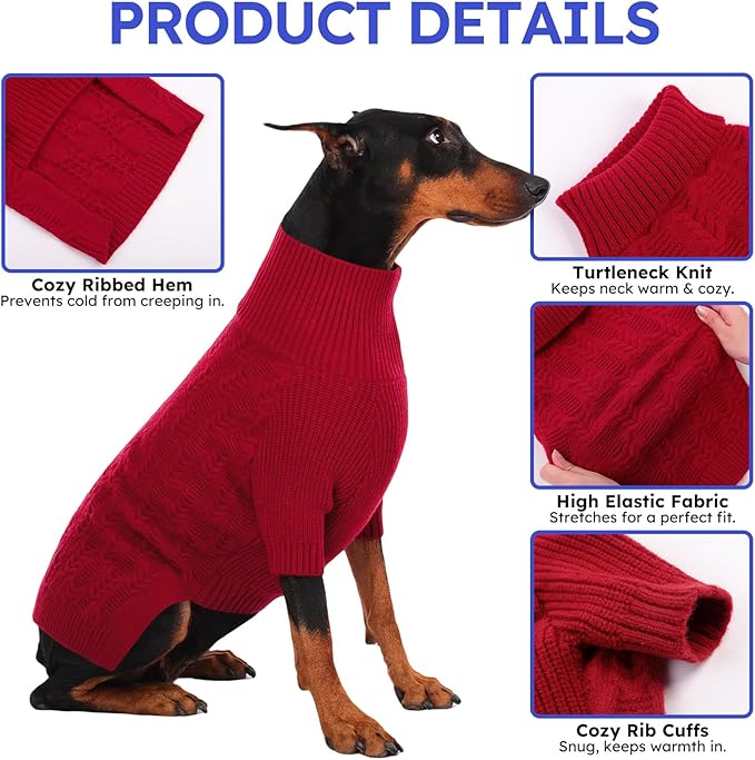 ASENKU XXL Dog Sweaters for Large Dogs Girls Boys, Doberman Sweater for Female Male, Winter Turtleneck Long Sleeve Pet Christmas Sweater for Golden Labrador,Red 2XL