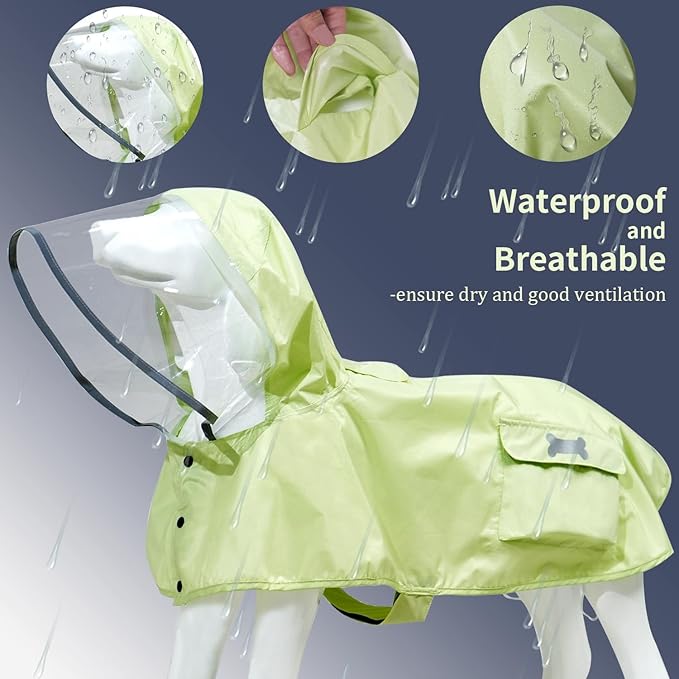 Waterproof Dog Raincoat, Adjustable Reflective Lightweight Pet Rain Clothes with Poncho Hood(X-Small,Light Green)