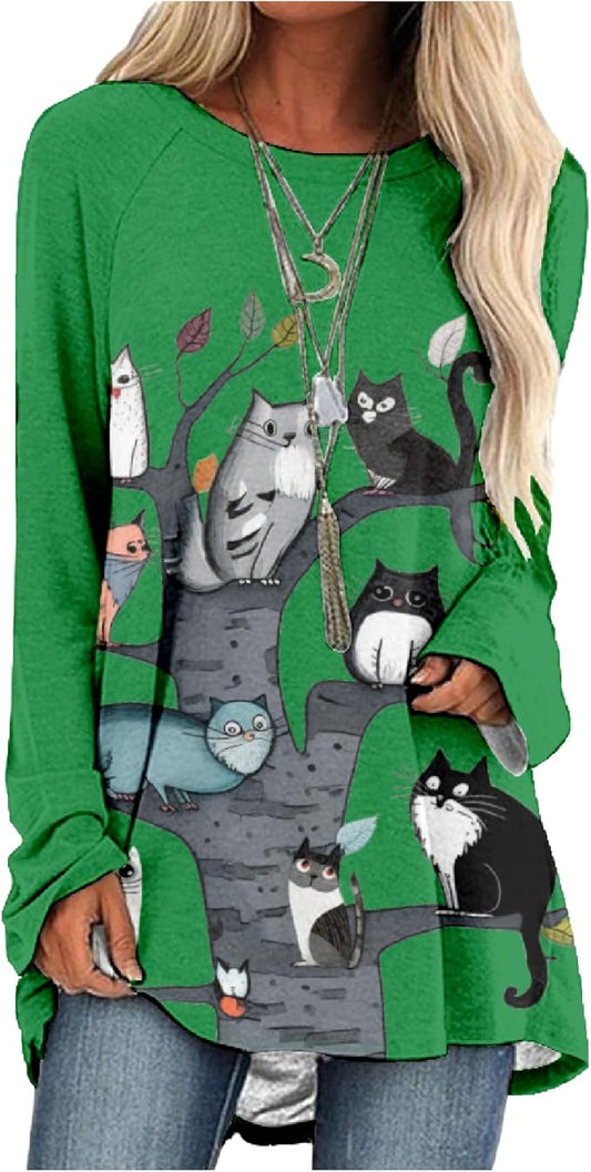 Womens Tunic Shirt Cute Cat Print Long Sleeve Round Neck Women T Shirts Cotton Casual Plus Size Vacation Tunics Tops