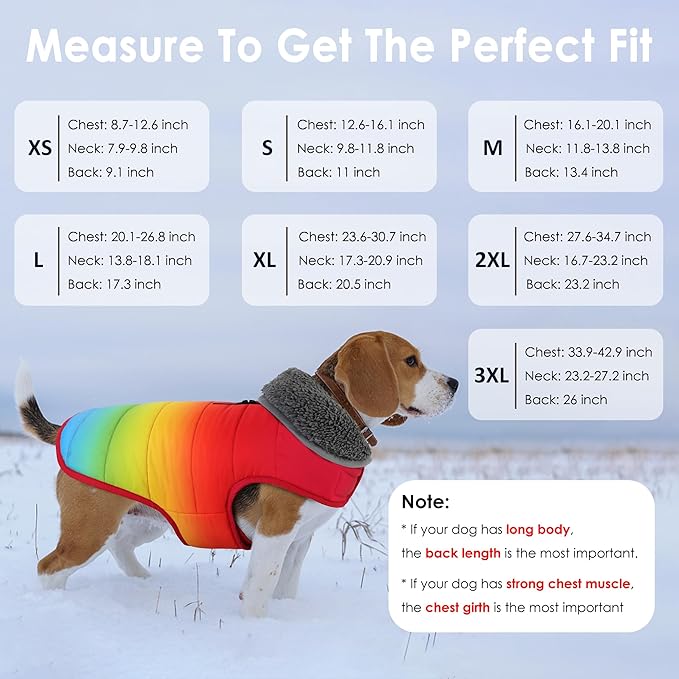 Dog Winter Coat, Waterproof Dog Jacket with Leash Hole, Reflective Adjustable Pet Snow Vest, Warm Fleece Sweater for Small Medium Large Dogs - Rainbow, 3XL
