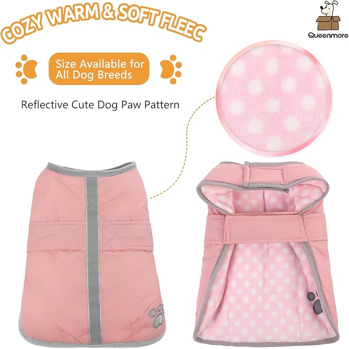 Queenmore winter dog coat - Fleece puffer down vest, waterproof reflective reversible sweater with sizes (light pink, M)