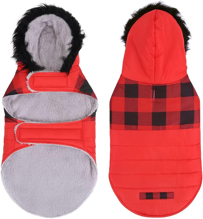 HDE Dog Puffer Jacket Fleece Lined Warm Dog Parka Winter Coat with Harness Hole Buffalo Plaid - XL