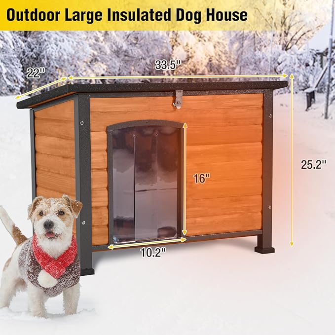 AIVITUVIN Outdoor Heated Dog House Anti Chewing Iron Frame Insulated Dog Kennel with Heating Pad Weatherproof Shelter （Brown,XL）