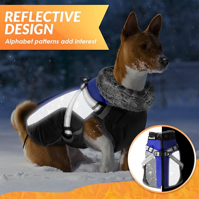 SlowTon Dog Jacket with Harness Built in - Waterproof Fleece Winter Warm Dog Coats for Small Medium Dogs, Reflective Adjustable Furry Puppy Vest Clothes for Outdoor Walking (Blue,XL)