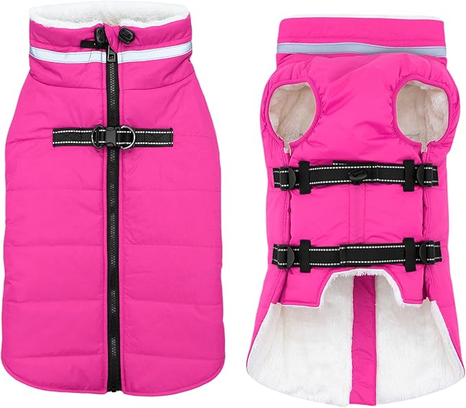 Medium Dog Coat with Harness Built-in, Waterproof Reflective Fleece Lined - Warm Windproof Winter Jacket with Back Zipper, Cold Weather Snow Dog Coats - Pink - M