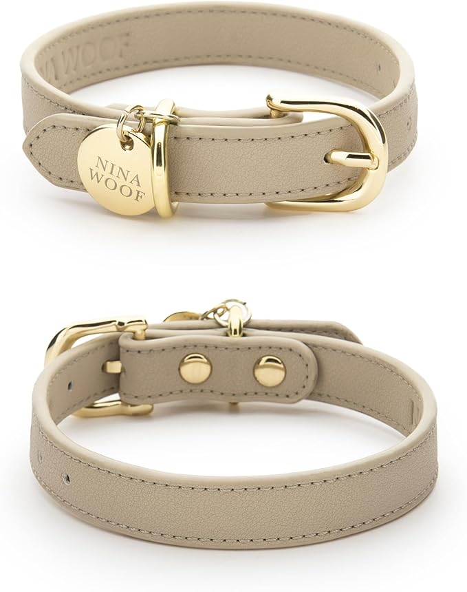 NINA WOOF Copenhagen Leather Dog Collar - Handmade with Vegan Soft Leather Round Padded Collar with Adjustable Buckle for Extra Small, Small, Medium, and Large Dogs - Color Beige, Large