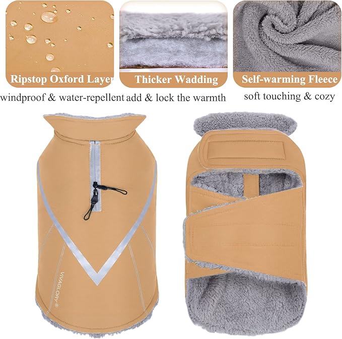 VIVAGLORY Snowrap Dog Coat, Jacket with Harness Hole & Velcro Closure, Dog Coat for Winter & Cold Weather, Fluffy Warm Fleece Lined Reflective Water Resistant for Puppy, L, Khaki
