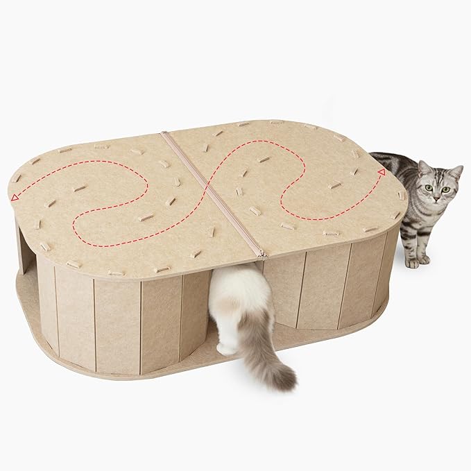 PETKARAY Large Felt Cat Tunnel, Double S-Shaped Hideaway for Indoor Cats, Interactive Cat Bed Cave and Hideout, 34x22.8x10.2 inches Beige