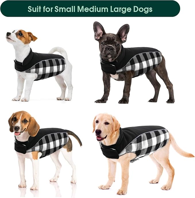 Kuoser Dog Winter Coat, Reversible Waterproof Dog Jacket with Reflective Strip, Warm Dogs Fleece Vest Adjustable Doggy Cold Weather Clothes Plaid Christmas Outfit Pet Apparel for Large Dogs, Black 2XL