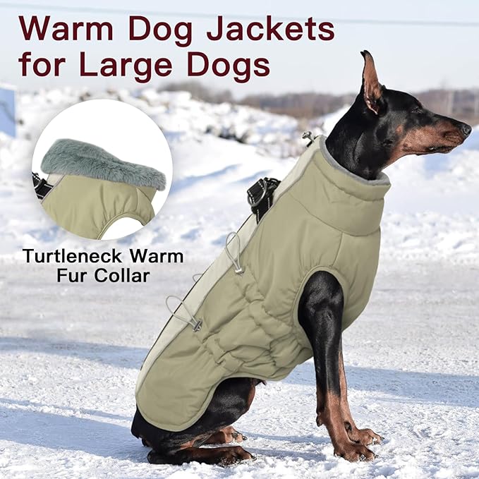 Dog Winter Jacket-3X Large, Warm Zip Up Snowsuit Dog Harness Vest - Reflective, Water-Resistant, Snow Jacket for Large Dogs, Labrador, Husky, Apricot