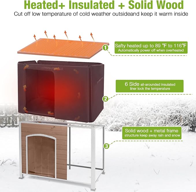 GUTINNEEN Heated Dog House Outdoor 43.3" L Insulated Dog Kennel with Metal Frame Large Dog Crate for Medium to Large Dogs Outside with Heater and Insulated Liner for Winter, Light Brown