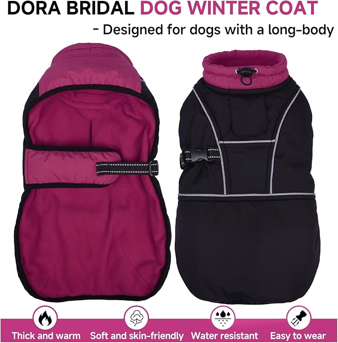 DORA BRIDAL Dachshund Coat, Fleece Lined Dog Winter Coat, Warm Dog Coats with Reflective Strips, Adjustable Waterproof Pet Jacket Clothes, S