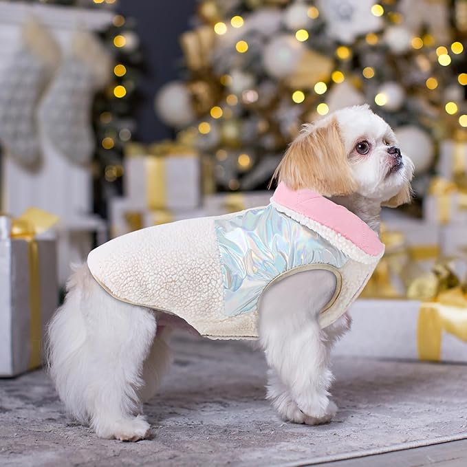 EMUST Dog Coat, Warm Reversible Dog Winter Coat with Fleece Lining, Thick Plush Puppy Coats, Cream, XL