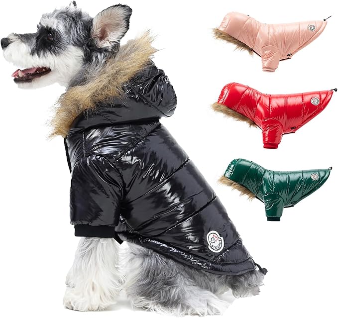 PINA Dog Winter Coat with Large Faux Fur Hood, Windproof and Warm, Suitable for Small to Large Dogs, Black, S
