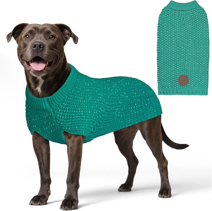 KYEESE Dog Christmas Sweater with Leash Hole Warm Pullover with Reflective Yarn for Small and Medium Dogs Male Soft Knit Pullover Boy Dog Coats Cozy Lightweight Thick Sweater,Green,Large