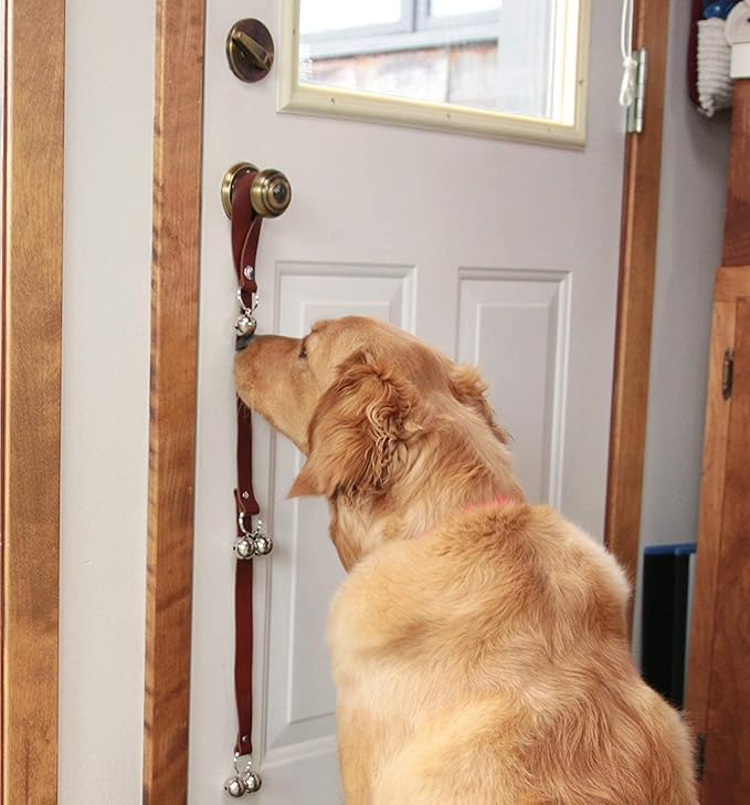 Leather Dog Doorbells for Door Knob/Potty Training/Go Outside, Length Adjustment Copper Dog Bell, Housetraining Hanging Bell, Dark Brown Leather Silver Bells