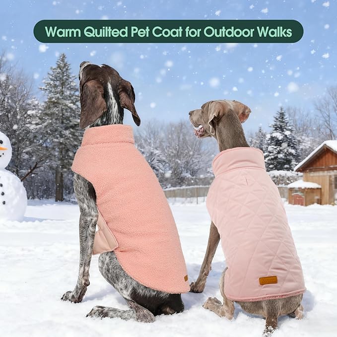 Kuoser Reversible Dog Coat – Warm Fleece & Quilted Waterproof Dog Jacket, Double-Sided Cold Weather Dogs Winter Coat with Harness Hole, Windproof Pet Snow Vest for Small Medium Large Dogs, Pink S
