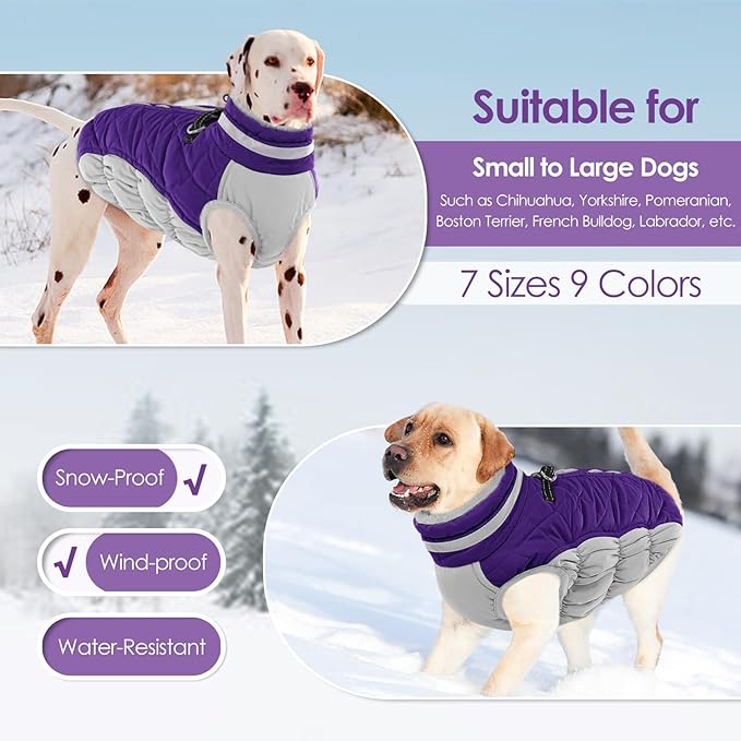 AOFITEE Dog Coat, Warm Dog Winter Coat, Reflective Cold Weather Dogs Puffer Jacket with Harness Built in, Waterproof Pet Fleece Vest Snowsuit for Small Medium Large Dogs, Purple L