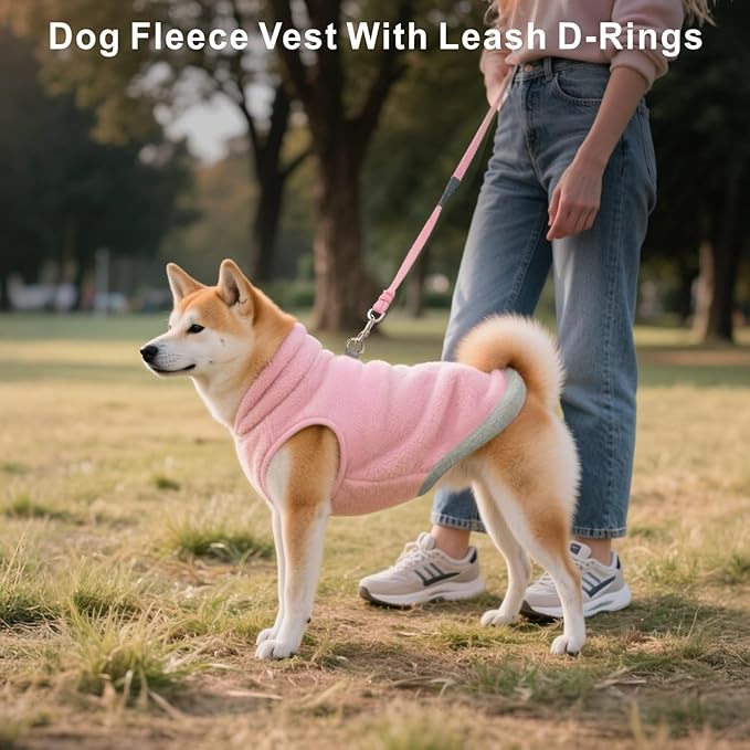 Idepet 2 Pack Dog Fleece Vest Sweater Warm Pullover Jacket with D-Ring Leash Reflective Winter Coat Hoodie for Puppy Cat French Bulldog Pug Chihuahuas Yorkies Dachshunds(Purple&Pink,Large)