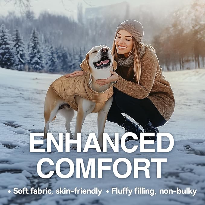 VIVAGLORY Softjoy Dog Coat, Dog Jacket for Winter & Christmas, Coat with Harness Hole & Velcro Closure, Reversible Plaid Checkered Warm Fluffy Heavy Duty for Puppy, XS, Khaki