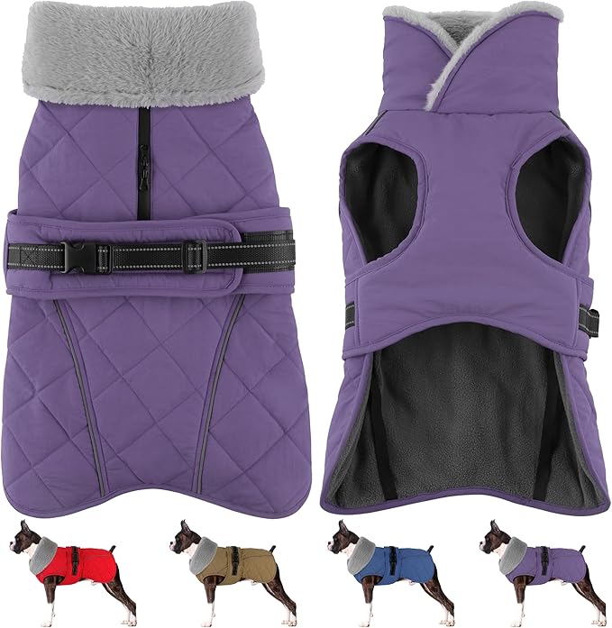 Dog Coat, Waterproof Dog Winter Jacket with Adjustable Buckle, Reflective Turtleneck Pet Snow Vest Warm Fleece Sweater for Small Medium Large Dogs - Purple, 2XL