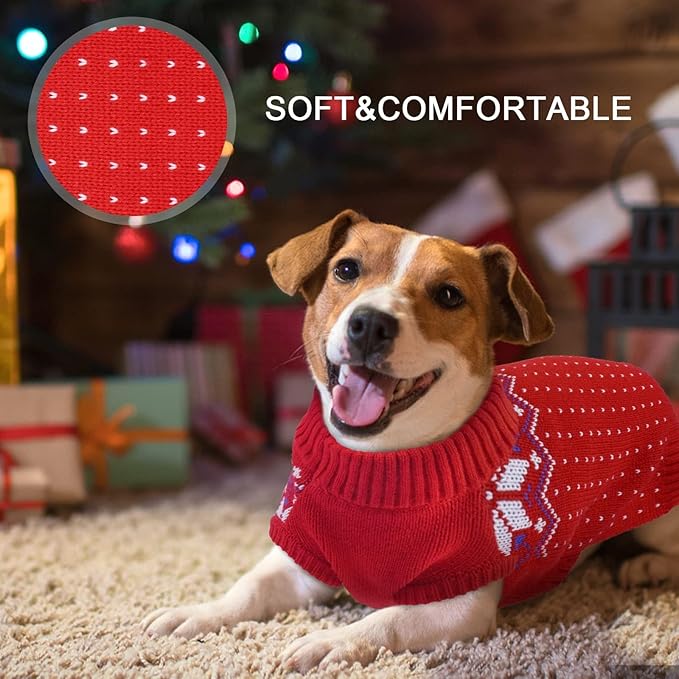 Kuoser Dog Sweater, Holiday Christmas Snowflake Pet Warm Knitwear Dog Sweaters Soft Puppy Clothing, Doggie Turtleneck Cold Weather Outfit Pullover for Small Medium Large Dogs Cats, Red S