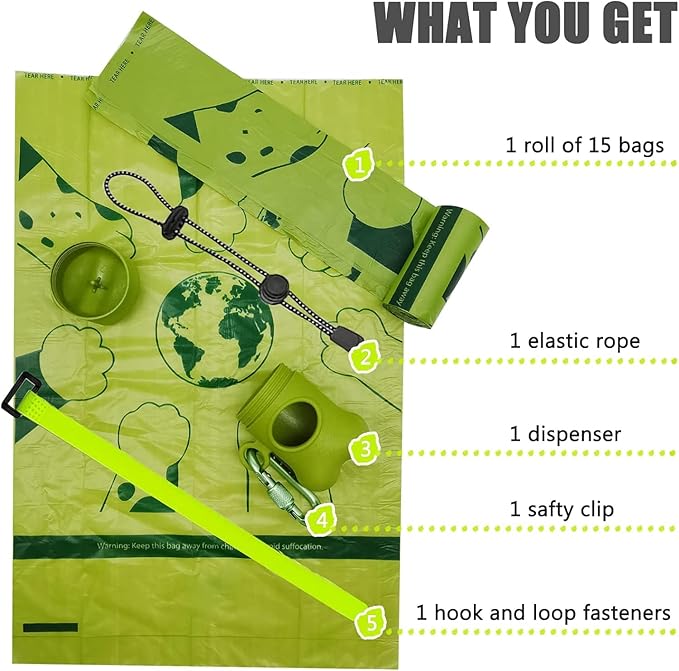 Bone-Shaped Dog Poop Bag Holder for Leash |Dispenser with 15 Leak-Resistant Waste Bags & Carabiner Clip(Green)