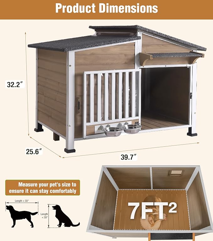 GUTINNEEN Heated Dog House Outdoor with Electric Heating Pad, Insulated Wooden Dog Kennel with 360° Rotating Feeding Bowl, Anti-Chewing Metal Frame, Brown